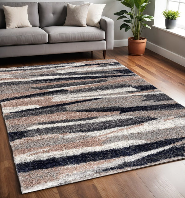 HomeRoots 5' Gray and Black Eclectic Strokes Area Rug - Modern Abstract Design for Stylish, Low-Maintenance Spaces 5' X 8' 392353
