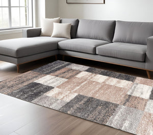 HomeRoots 5' Beige Modern Blocks Area Rug - Stylish Abstract Design, Plush Comfort for Any Room Décor 8' X 11' 392365