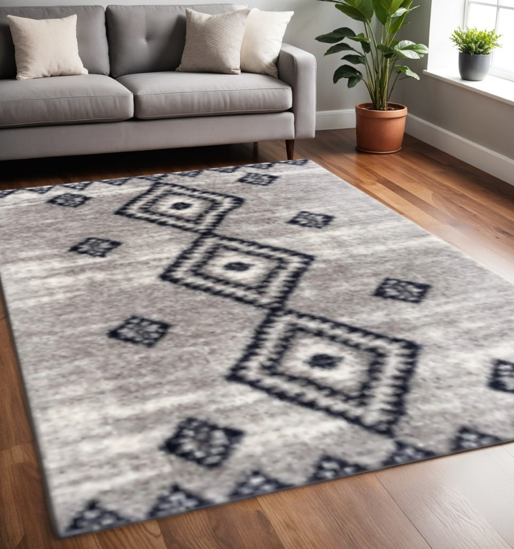 HomeRoots 5' Gray and Navy Boho Chic Area Rug - Plush, Cozy Design with Distressed Motifs for Modern Spaces 5' X 8' 392373