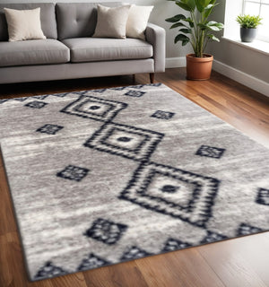 HomeRoots 5' Gray and Navy Boho Chic Area Rug - Plush, Cozy Design with Distressed Motifs for Modern Spaces 5' X 8' 392373