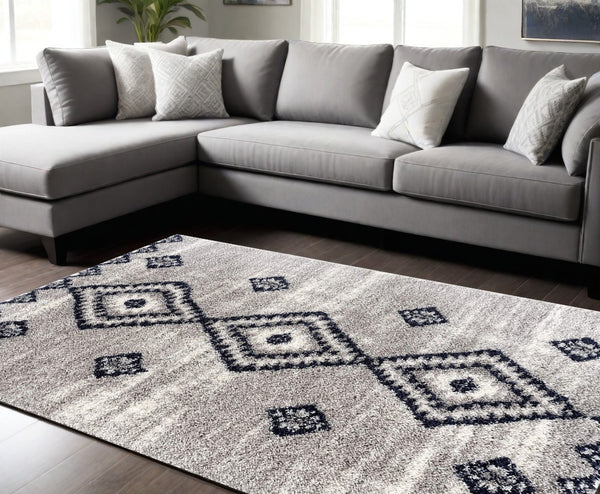 Homeroots 8' X 11' Gray And Navy Boho Chic Area Rug  Polyester 392375