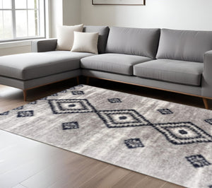 HomeRoots 5' Gray and Navy Boho Chic Area Rug - Plush, Cozy Design with Distressed Motifs for Modern Spaces 8' X 11' 392375