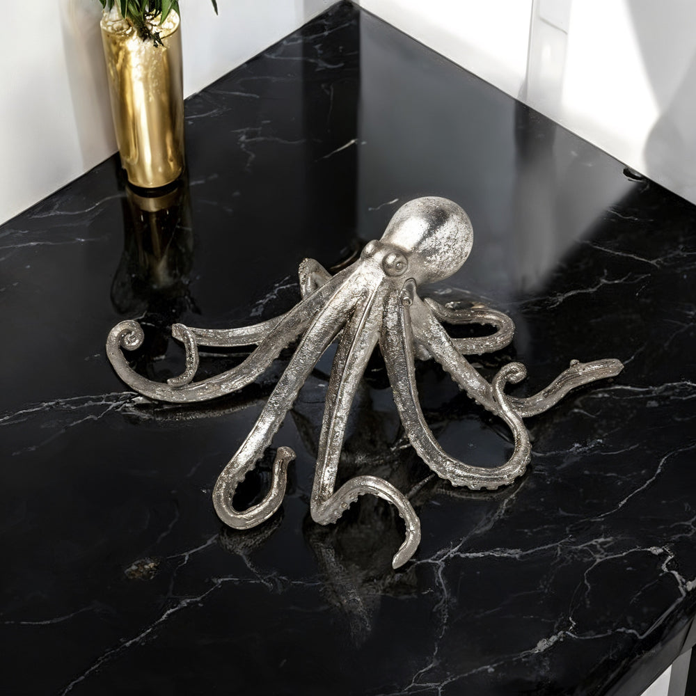 Homeroots 12" Antiqued Silver Resin Octopus Tabletop Sculpture  Resin 392394