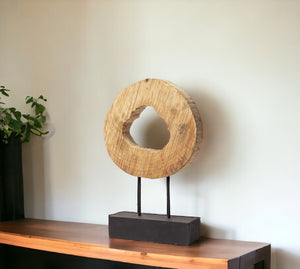 Homeroots 19" Brown And Black Wood Log Cross Section Tabletop Sculpture  Wood,Metal 392397