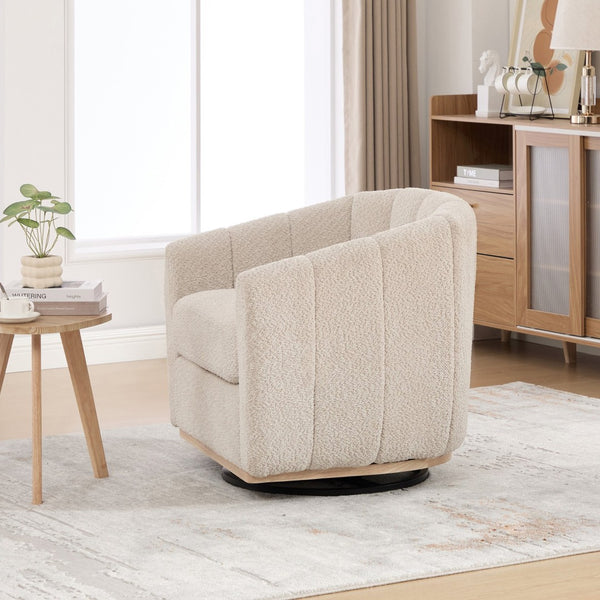 English Elm 31.89 Inch Chenille Tufted Swivel Barrel Armchair Pumpkin Sculpted Design for Living Rooms Wheat W3098P397229