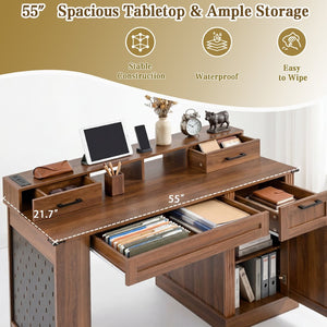 English Elm 55" Farmhouse Writing Desk with Cabinet Charging Station Pegboard and Monitor Stand Dark Walnut W2917S00009