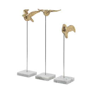HomeRoots Set of Three Gold Bird Sculptures - Modern Elegance with Marble Bases for Chic Home Décor Accents 392411