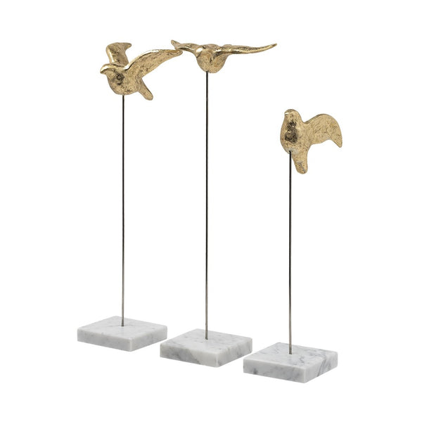 HomeRoots Set of Three Gold Bird Sculptures - Modern Elegance with Marble Bases for Chic Home Décor Accents 392411