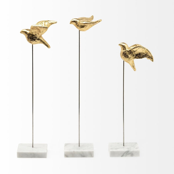 HomeRoots Set of Three Gold Bird Sculptures - Modern Elegance with Marble Bases for Chic Home Décor Accents 392411