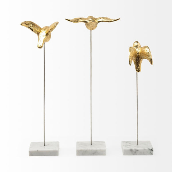 HomeRoots Set of Three Gold Bird Sculptures - Modern Elegance with Marble Bases for Chic Home Décor Accents 392411