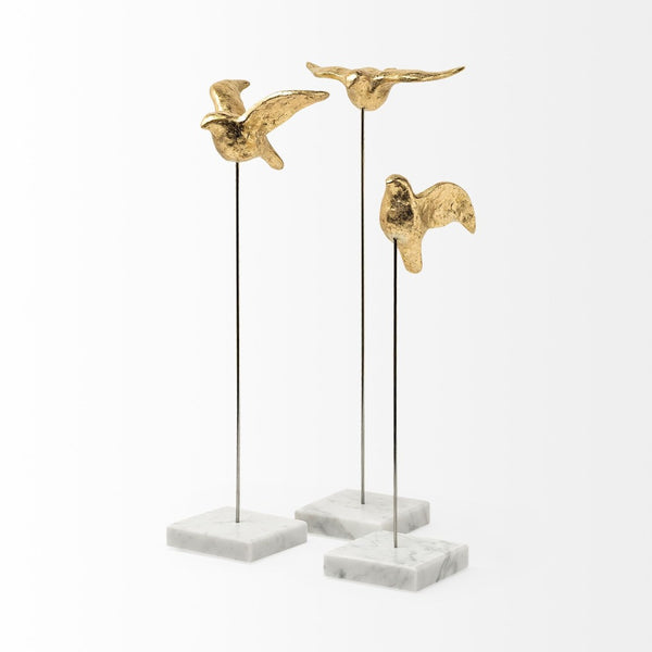 HomeRoots Set of Three Gold Bird Sculptures - Modern Elegance with Marble Bases for Chic Home Décor Accents 392411