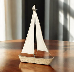 Homeroots 32" Brown Wood And Fabric Sailboat Tabletop Sculpture  Wood,Fabric 392432