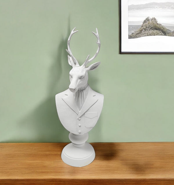 Homeroots 23" White Polyresin Suited Deer Bust Tabletop Sculpture  Polyresin 392442