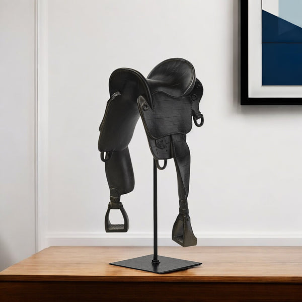 Homeroots Black English Horse Saddle Sculpture  Metal 392468