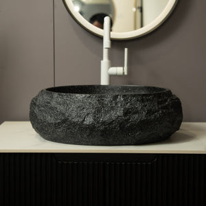 English Elm Luna 18" Bathroom Sink Irregular Oval Resin Vessel with Stone Pattern Artistic Durable Finish Dark Gray W2615P346505