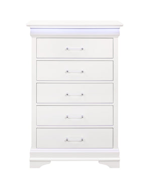 English Elm CHARLSTON Solid Wood 5-Drawer Chest with Built-In LED Lighting, Spacious Transitional Bedroom Storage White 35.63 L x 19.49 W x 52.17 H B201P215710