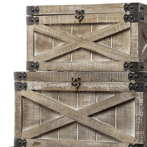 Homeroots Set Of Three Brown Wooden Storage Boxes  Solid Wood 392583