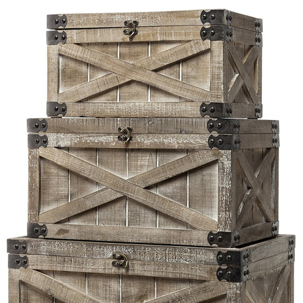 Homeroots Set Of Three Brown Wooden Storage Boxes  Solid Wood 392583