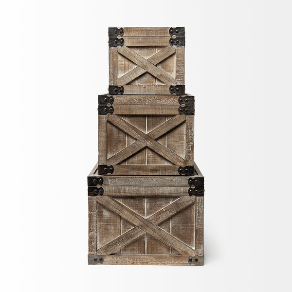 Homeroots Set Of Three Brown Wooden Storage Boxes  Solid Wood 392583