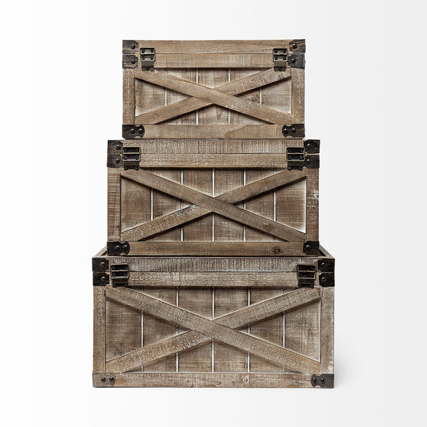 Homeroots Set Of Three Brown Wooden Storage Boxes  Solid Wood 392583