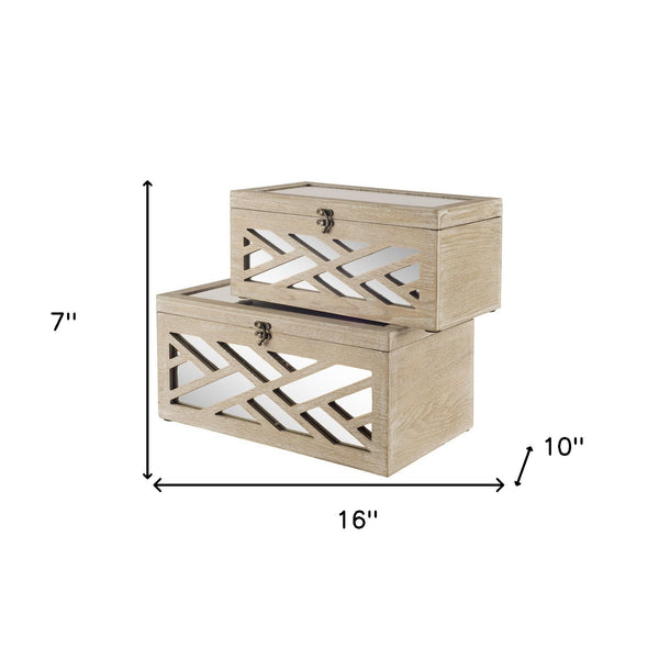 Homeroots Set Of Two Off White Mirrored Wooden Boxes  Solid Wood 392586