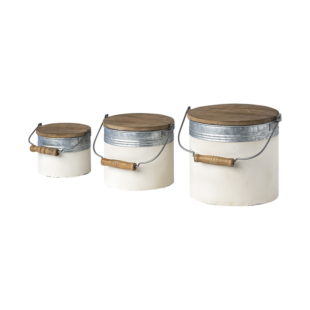 Homeroots Set Of Three Rustic White Metal Storage Cans  Solid Wood 392587