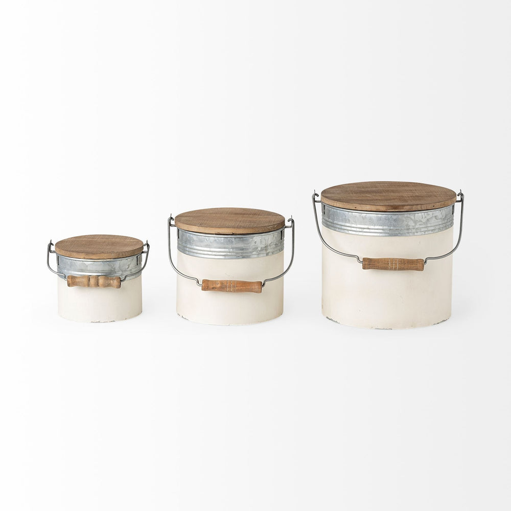 Homeroots Set Of Three Rustic White Metal Storage Cans  Solid Wood 392587