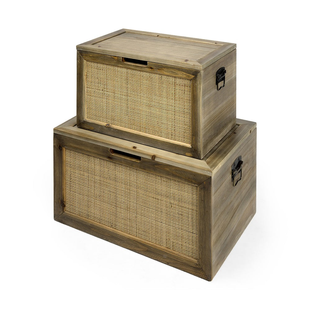 Homeroots Set Of Two Brown And Natural Wood And Cane Storage Boxes  Solid Wood 392593