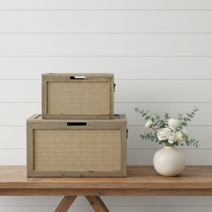HomeRoots Set of Two Coastal-Inspired Brown and Natural Cane Storage Boxes with Lids for Stylish Organization 392593