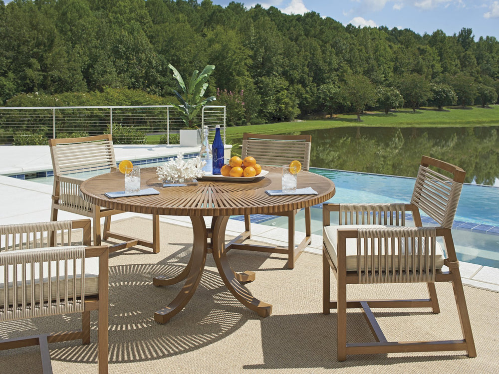 Lexington Tommy Bahama Outdoor 3925-875c Contemporary Round Dining Table With Radial Top Design For Elegant Outdoor Living Spaces Medium Brown Wood 3925-875c