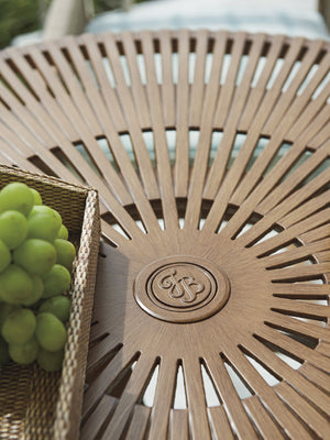 Lexington Tommy Bahama Outdoor 3925-875c Contemporary Round Dining Table With Radial Top Design For Elegant Outdoor Living Spaces Medium Brown Wood 3925-875c