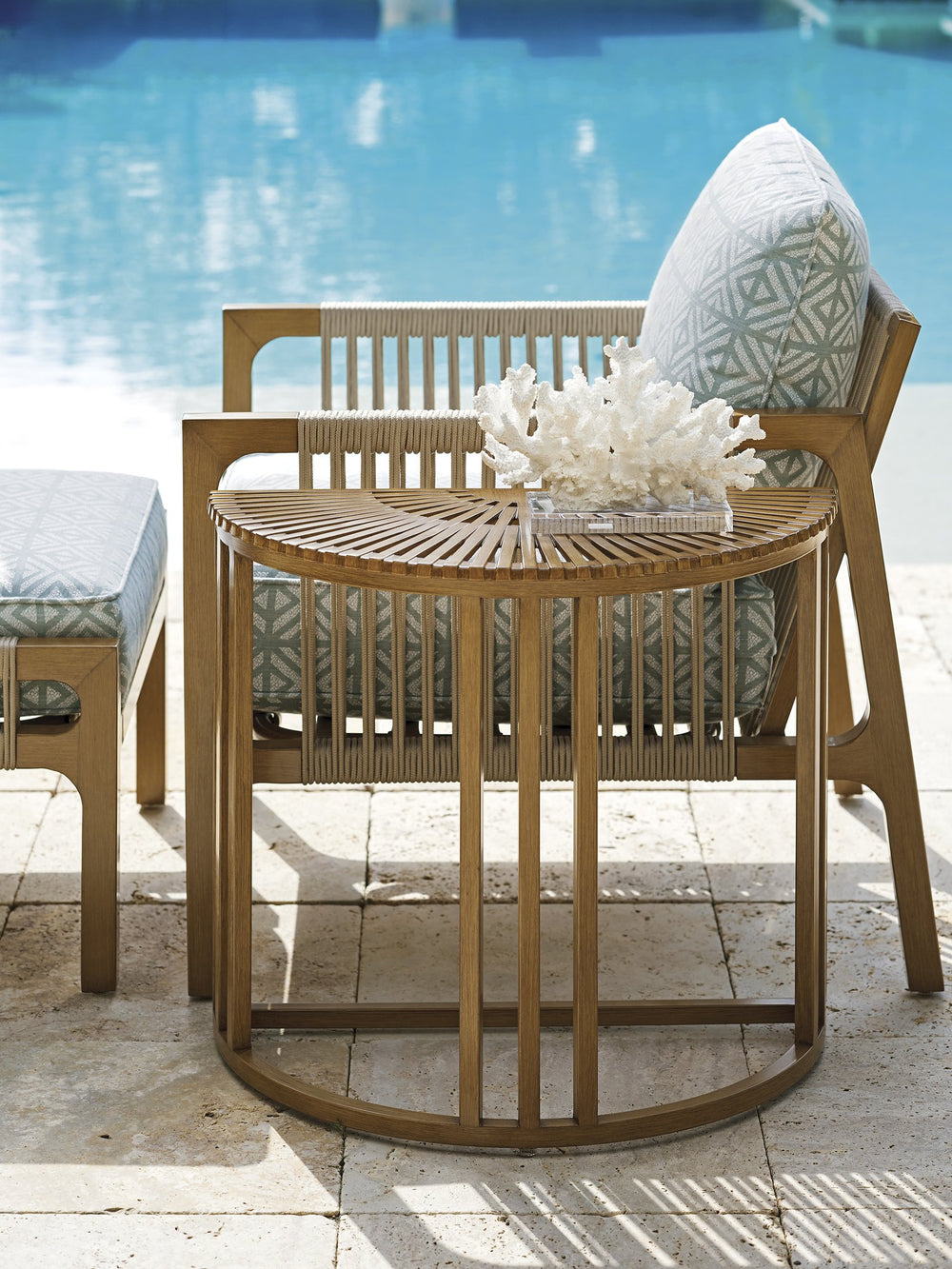 Lexington Tommy Bahama Outdoor 3925-950 Elegant Demilune End Table - Contemporary Outdoor Accent With Radial Slat Design Medium Brown Wood 3925-950