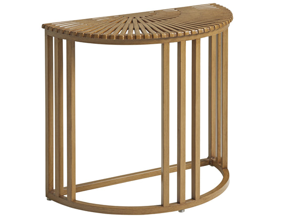 Lexington Tommy Bahama Outdoor 3925-950 Elegant Demilune End Table - Contemporary Outdoor Accent With Radial Slat Design Medium Brown Wood 3925-950