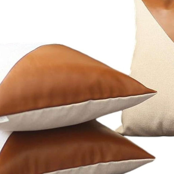 HomeRoots Set of Four 18" Brown and Ivory Faux Leather & Fabric Throw Pillow Covers for Cozy Home Decor 392606