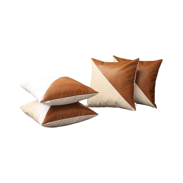 HomeRoots Set of Four 18" Brown and Ivory Faux Leather & Fabric Throw Pillow Covers for Cozy Home Decor 392606