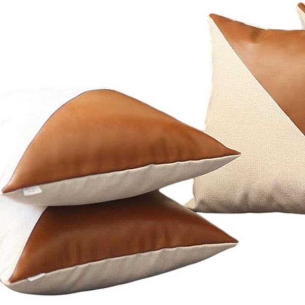 HomeRoots Set of Four 18" Brown and Ivory Faux Leather & Fabric Throw Pillow Covers for Cozy Home Decor 392606