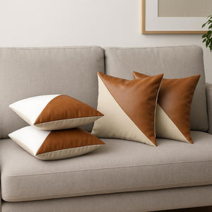 HomeRoots Set of Four 18" Brown and Ivory Faux Leather & Fabric Throw Pillow Covers for Cozy Home Decor 392606
