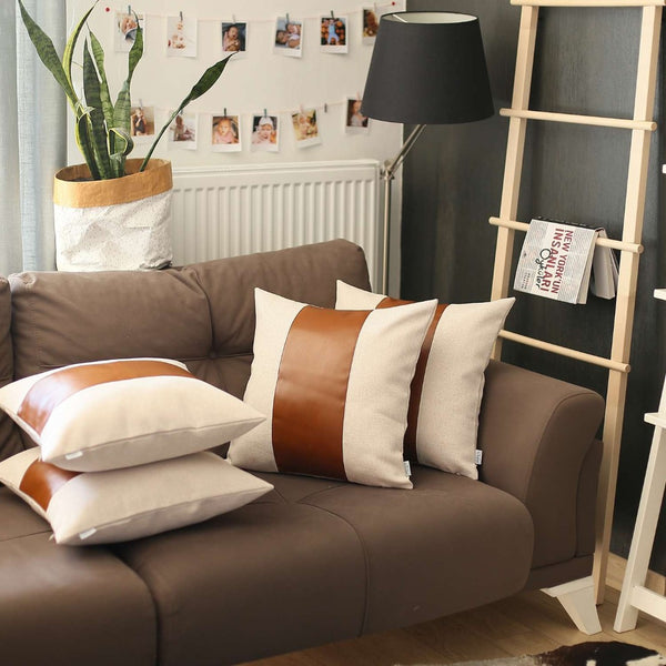 HomeRoots Set of 4 Chic White and Brown Faux Leather Pillow Covers for Modern Bohemian Home Decor Style 392622