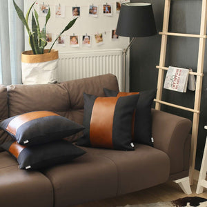 HomeRoots Set of Four 18" Brown & Black Faux Leather Pillow Covers - Stylish, Versatile, and Easy to Care For 392623