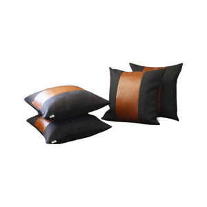 HomeRoots Set of Four 18" Brown & Black Faux Leather Pillow Covers - Stylish, Versatile, and Easy to Care For 392623