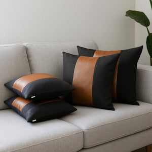 HomeRoots Set of Four 18" Brown & Black Faux Leather Pillow Covers - Stylish, Versatile, and Easy to Care For 392623