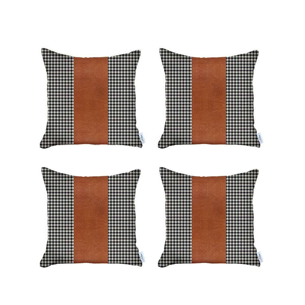 Homeroots Set Of 4 Black Checkered Faux Leather Pillow Covers   392624