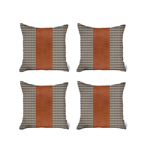 Homeroots Set Of 4 Brown Checkered Faux Leather Pillow Covers   392625