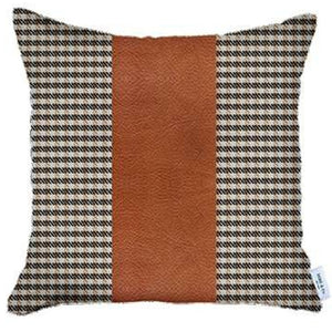 Homeroots Set Of 4 Brown Checkered Faux Leather Pillow Covers   392625