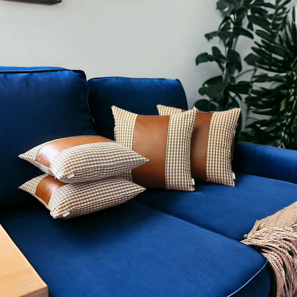 Homeroots Set Of 4 Brown Checkered Faux Leather Pillow Covers   392625