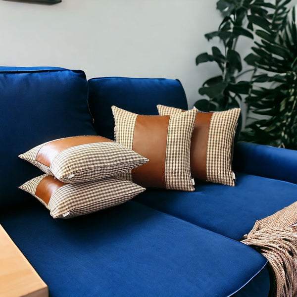 Homeroots Set Of 4 Brown Checkered Faux Leather Pillow Covers   392625