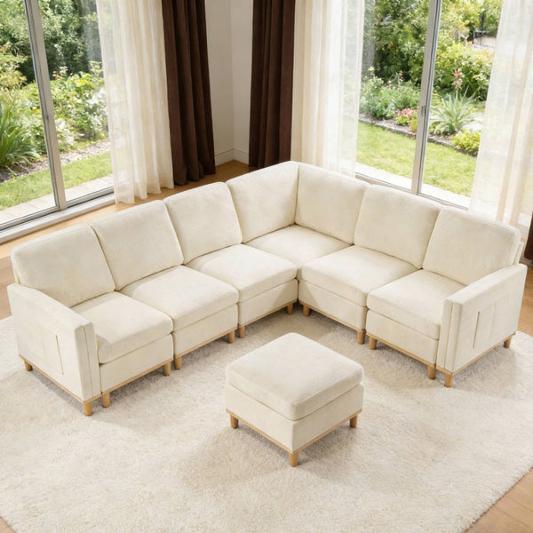English Elm Modern Modular Sectional Sofa Plush Fabric Upholstery Reconfigurable Living Room Seating Beige+White W2085S00111
