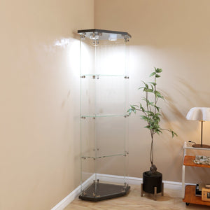 English Elm Lighted Corner Display Cabinet Four Tempered Glass Shelves Led Lit Living Room Tower Black W1510P436489