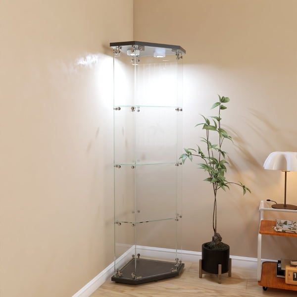 English Elm Lighted Corner Display Cabinet Four Tempered Glass Shelves Led Lit Living Room Tower Black W1510P436489
