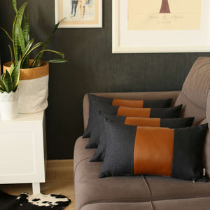 Homeroots Set Of 4 Black Faux Leather Lumbar Pillow Covers   392666